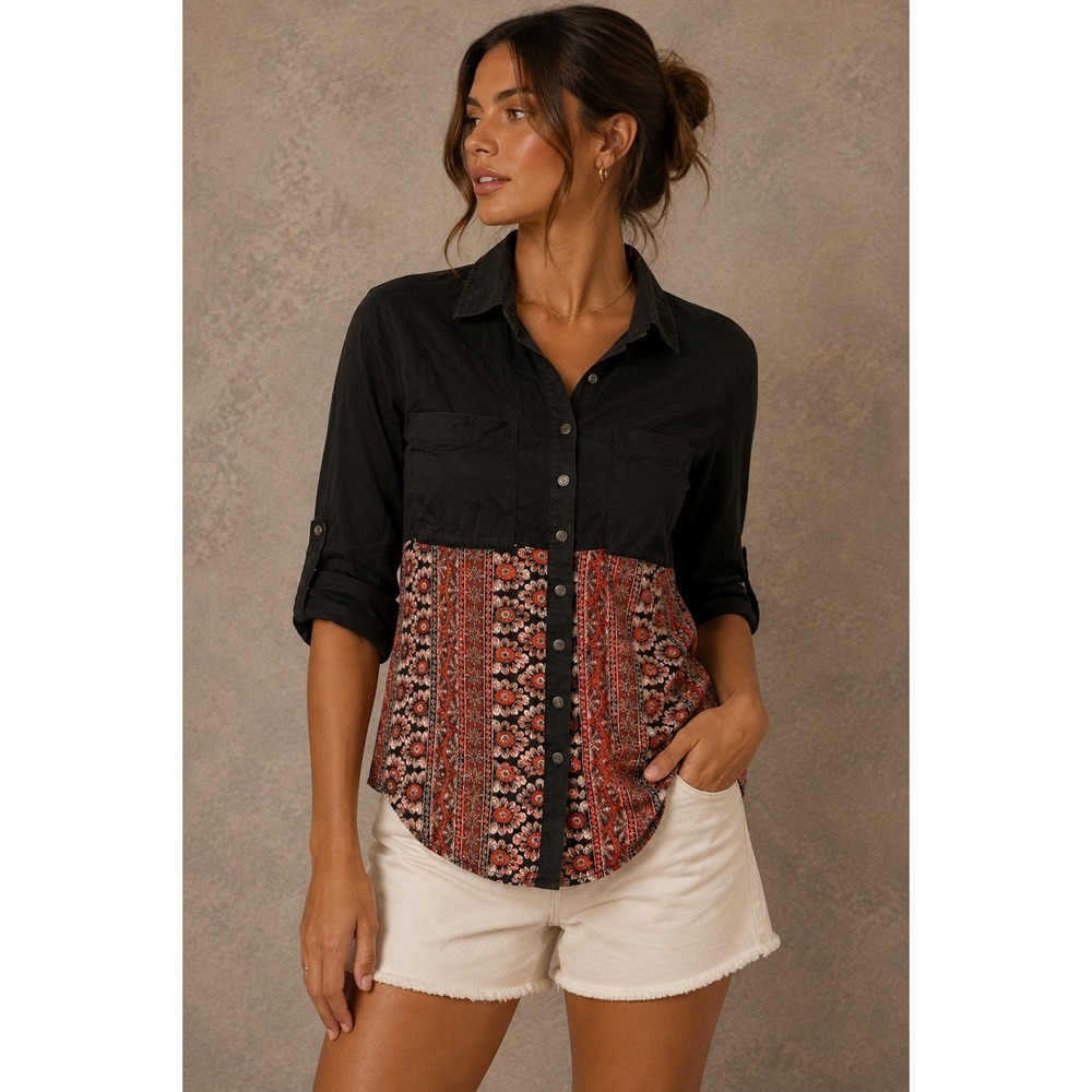 Free People Women Shirt XS Black Red Floral Colorblock Roll Tab Button Down